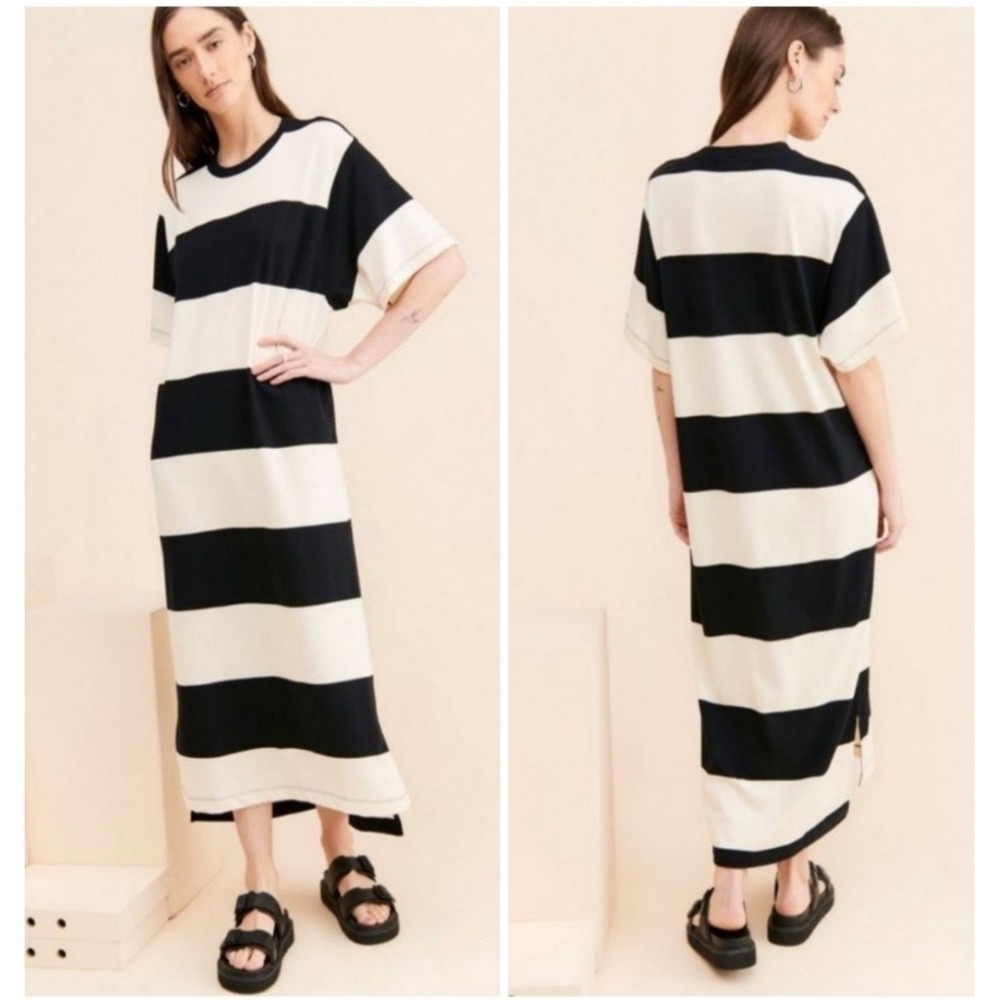 Rita Row Olimpia Striped Maxi T-Shirt Dress Black Cream Short Sleeve L